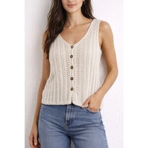 Neuflora Crochet Knit Button Front Tank Top Women’s L Beige Boho Vest